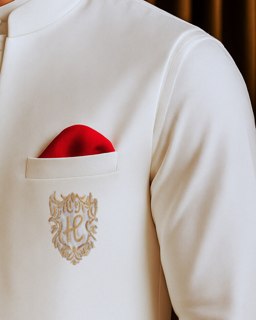 White Golden Embroidered Cotton-Silk Waistcoat Kurta (3-Piece) - Image 3