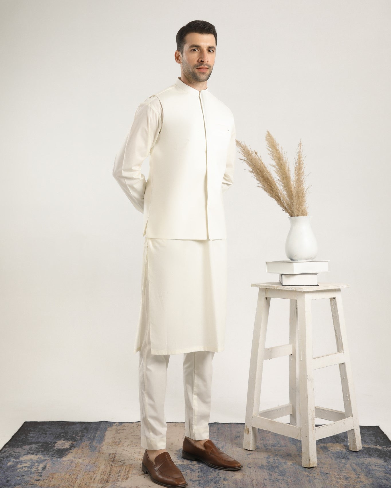 White Cotton Waistcoat Kurta Set (3-Piece) - Image 1