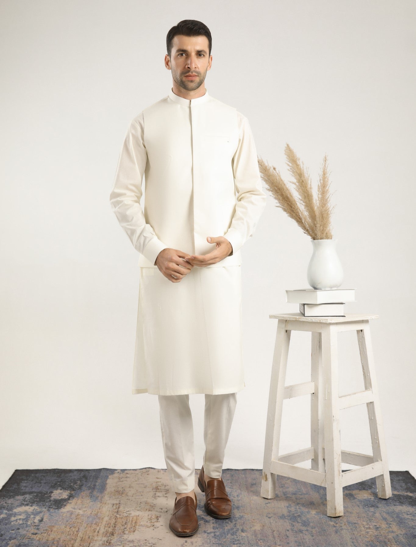 White Cotton Waistcoat Kurta Set (3-Piece) - Image 2