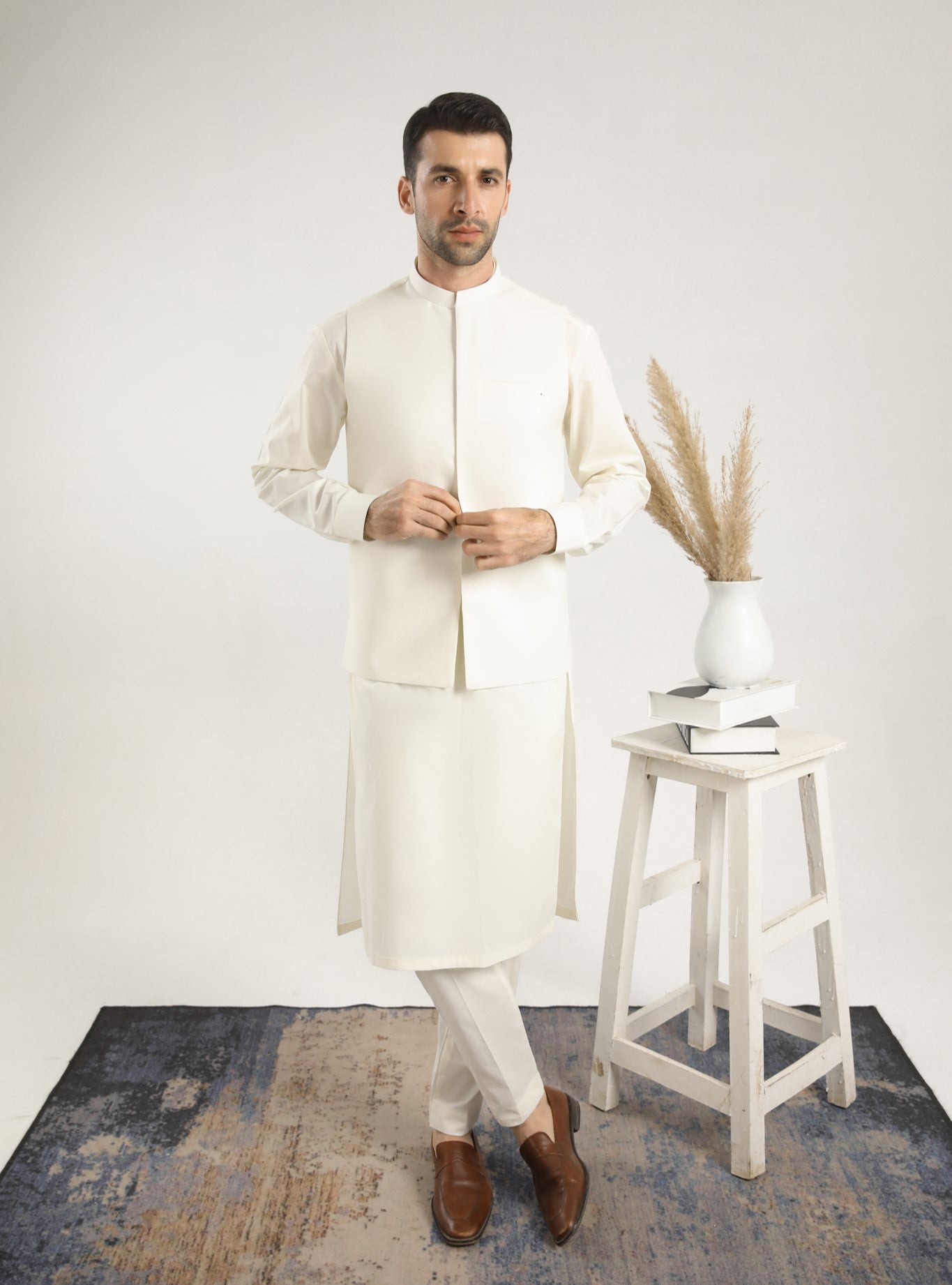 White Cotton Waistcoat Kurta Set (3-Piece) - Image 6