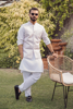 White Cotton Waistcoat Kurta with Lavender Embroidery (3-Piece) - Image 2