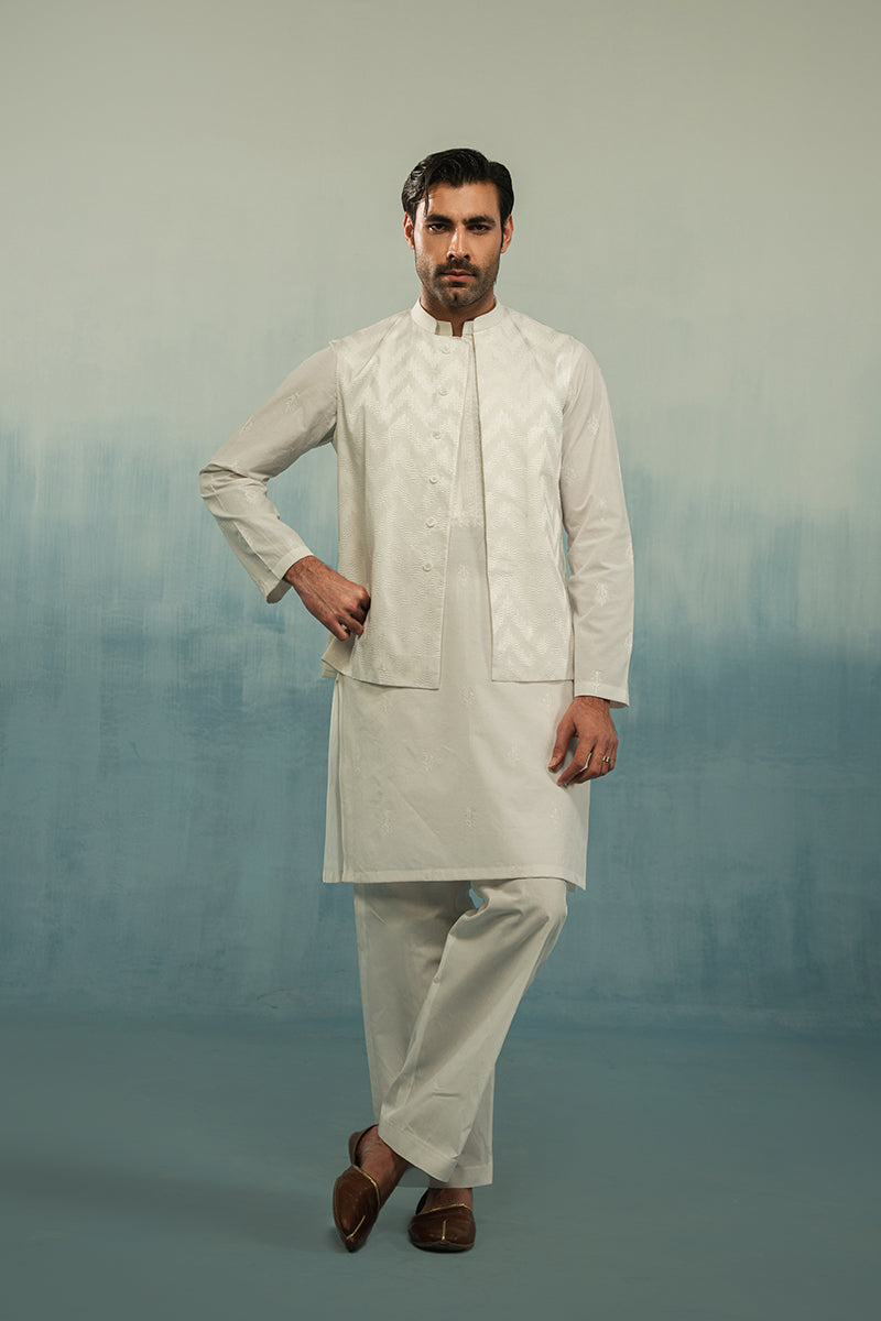 White Herringbone Textured Waistcoat Kurta (3-Piece) - Image 1