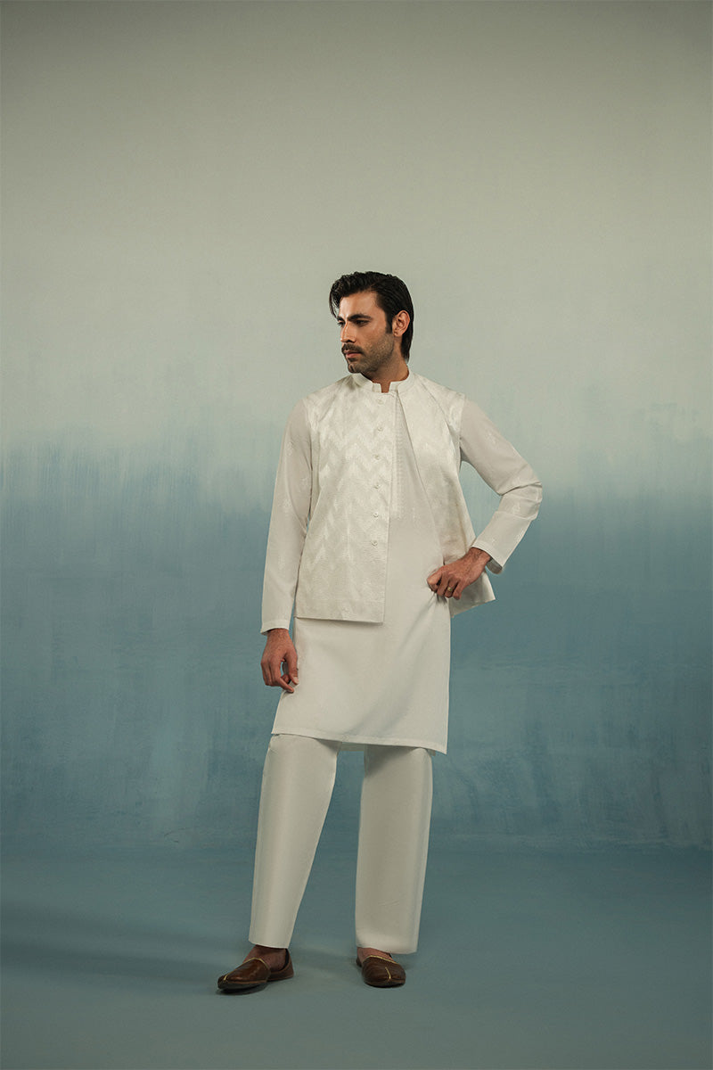 White Herringbone Textured Waistcoat Kurta (3-Piece) - Image 3