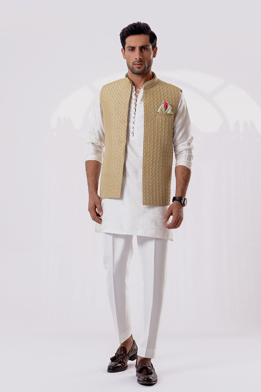 Pearl White Self Jamawar Kurta Set (3-Piece) - Image 1