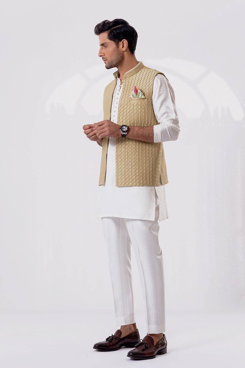 Pearl White Self Jamawar Kurta Set (3-Piece) - Image 2