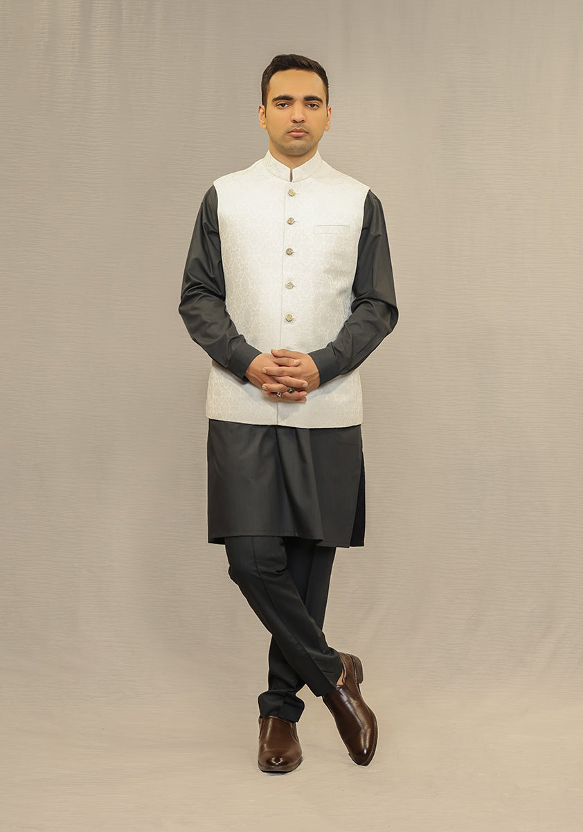 Pristine White Jamawar Waistcoat Kurta Set (3-Piece) - Image 1
