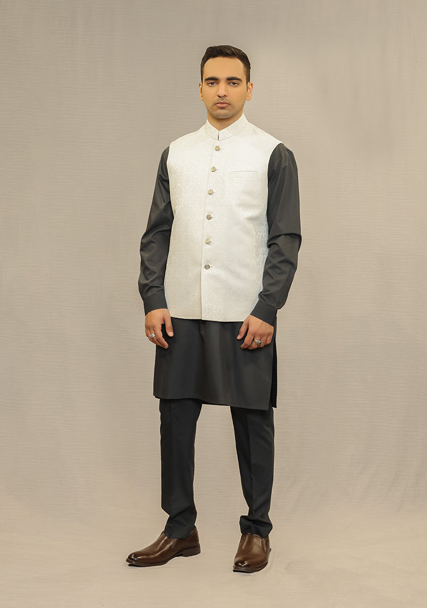 Pristine White Jamawar Waistcoat Kurta Set (3-Piece) - Image 4