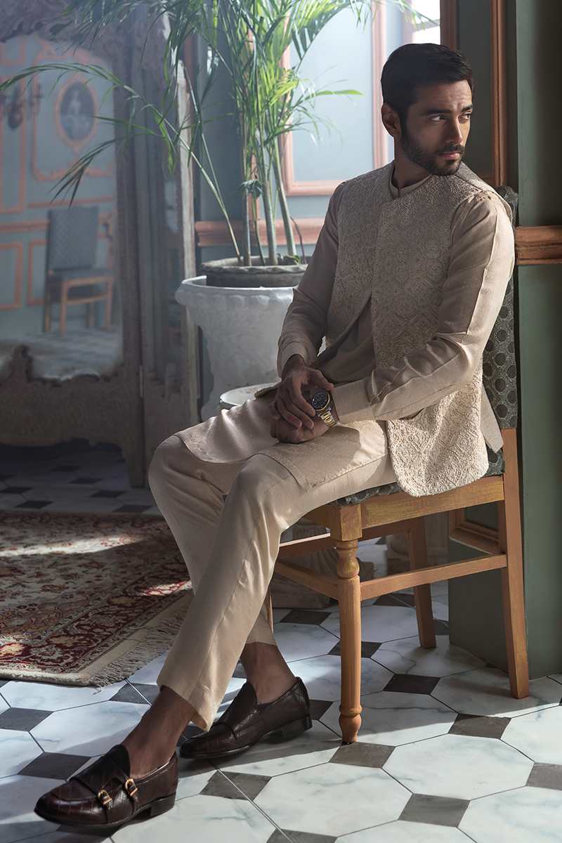 Pearl White Hand-Embellished Karandi Waistcoat (3-Piece) - Image 3