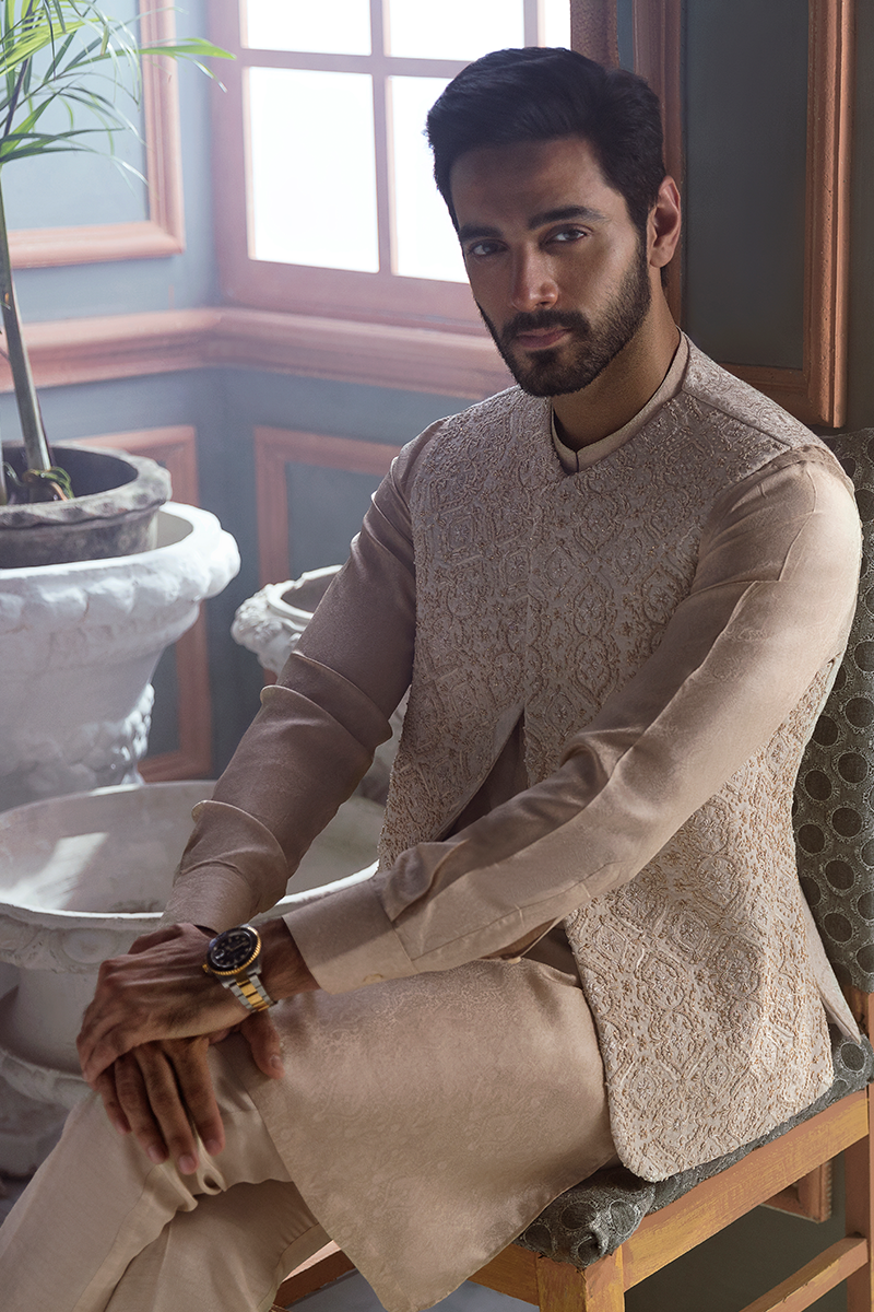 Pearl White Hand-Embellished Karandi Waistcoat (3-Piece) - Image 4