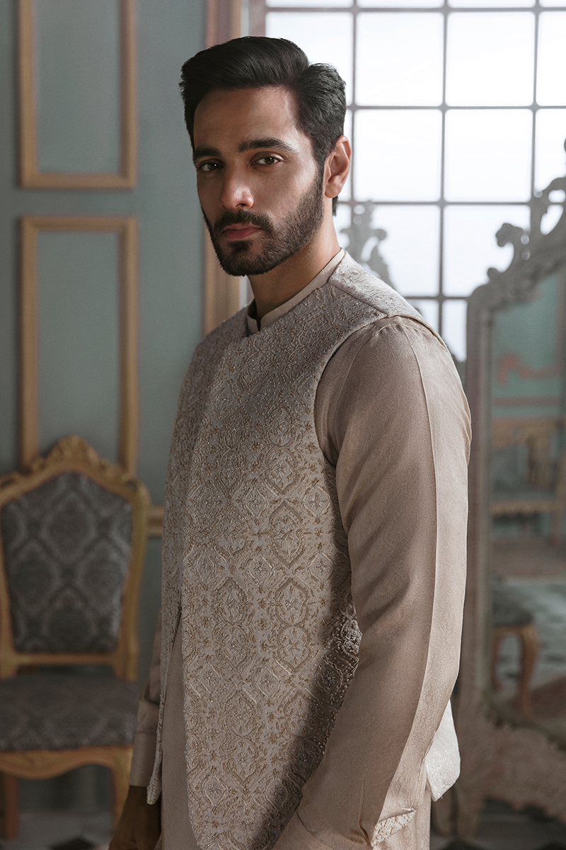 Pearl White Hand-Embellished Karandi Waistcoat (3-Piece) - Image 2