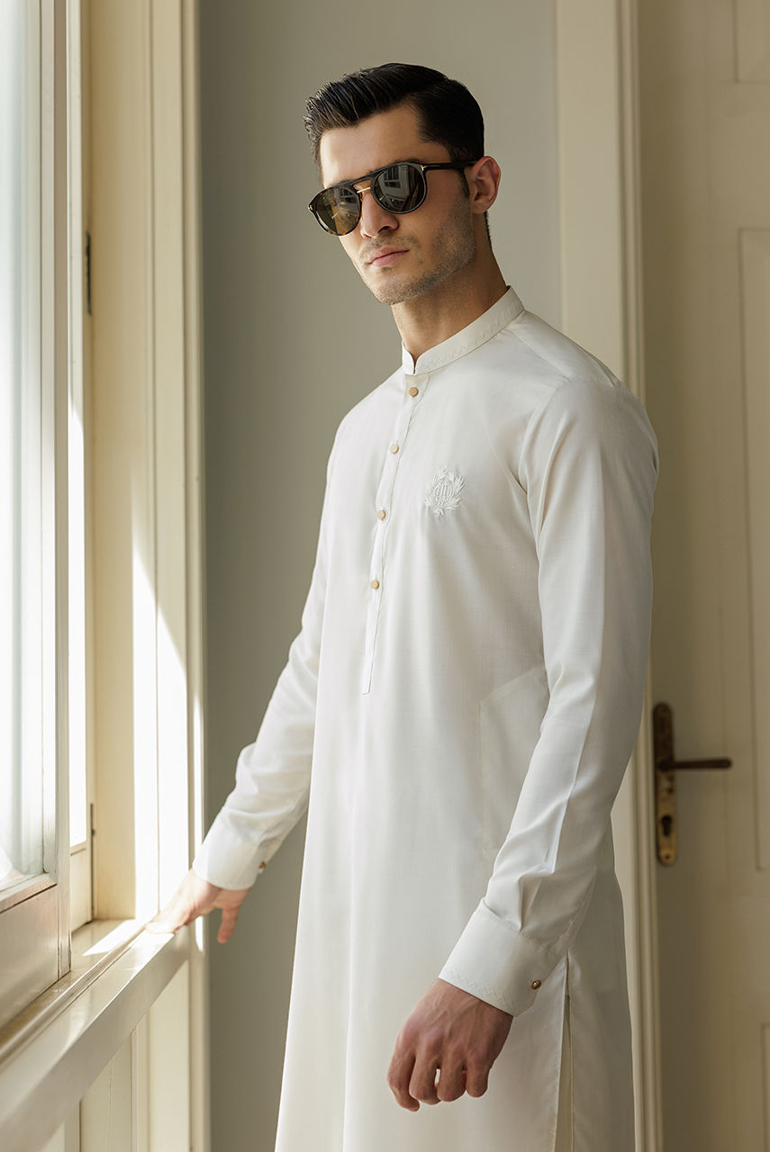 White Embroidered Khaddar Waistcoat (3-Piece) - Image 2