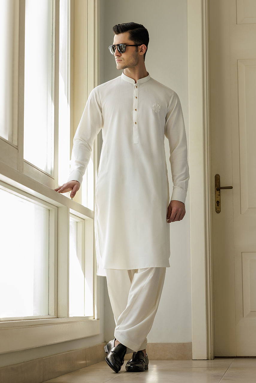 White Embroidered Khaddar Waistcoat (3-Piece) - Image 3