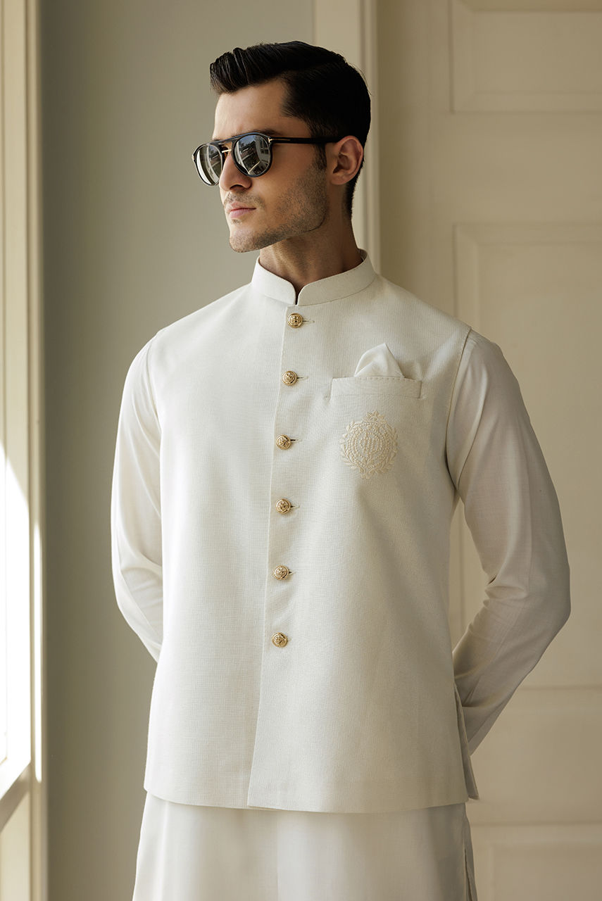 White Embroidered Khaddar Waistcoat (3-Piece) - Image 5