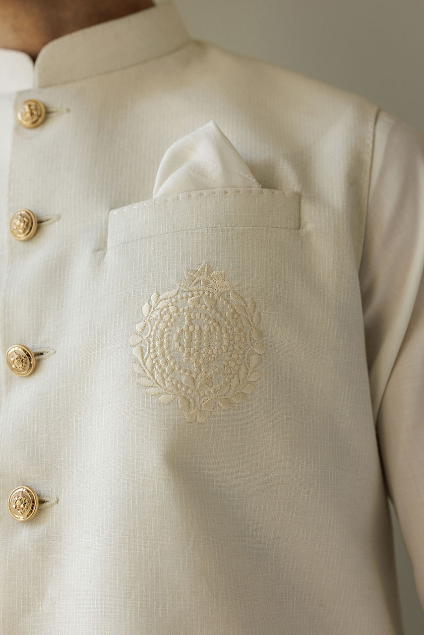 White Embroidered Khaddar Waistcoat (3-Piece) - Image 6