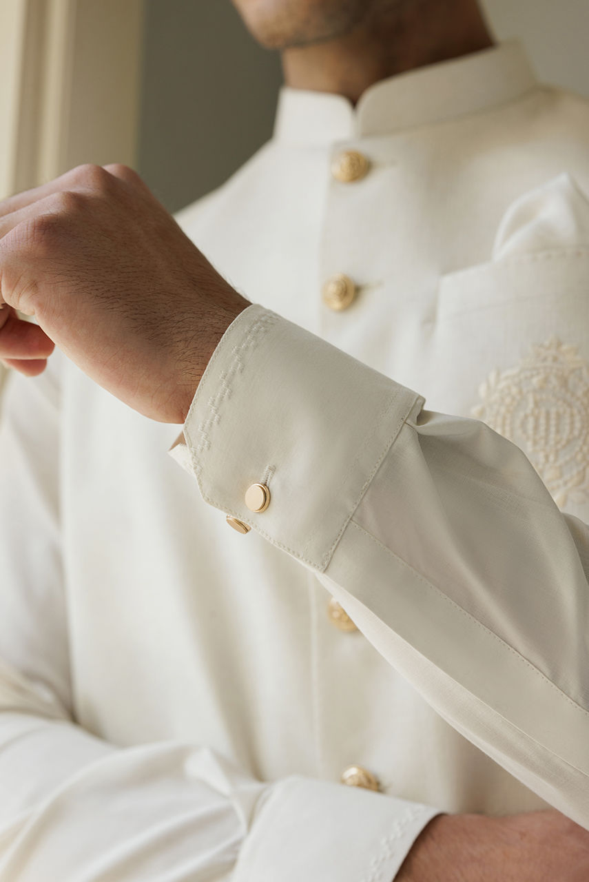 White Embroidered Khaddar Waistcoat (3-Piece) - Image 7