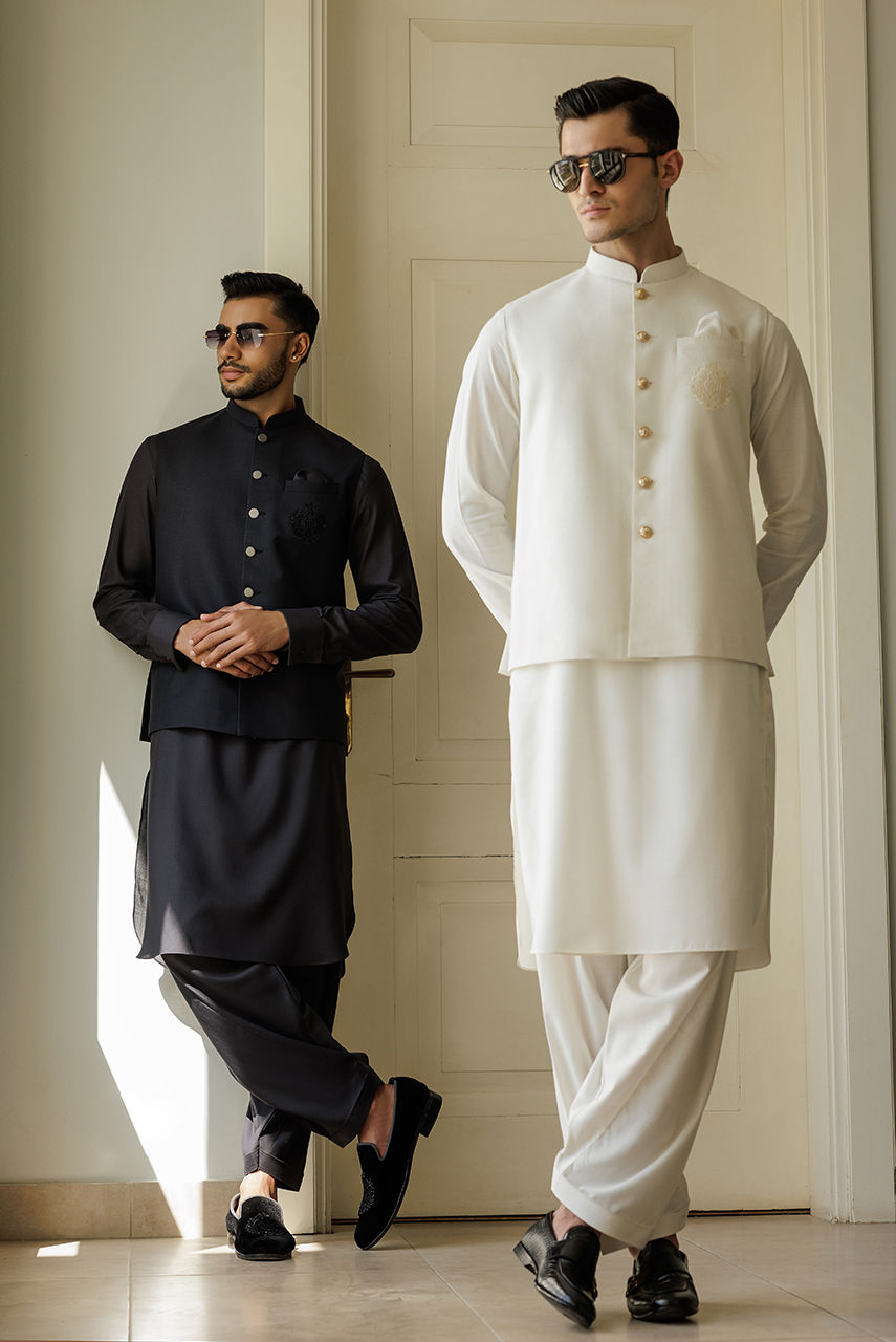 White Embroidered Khaddar Waistcoat (3-Piece) - Image 8