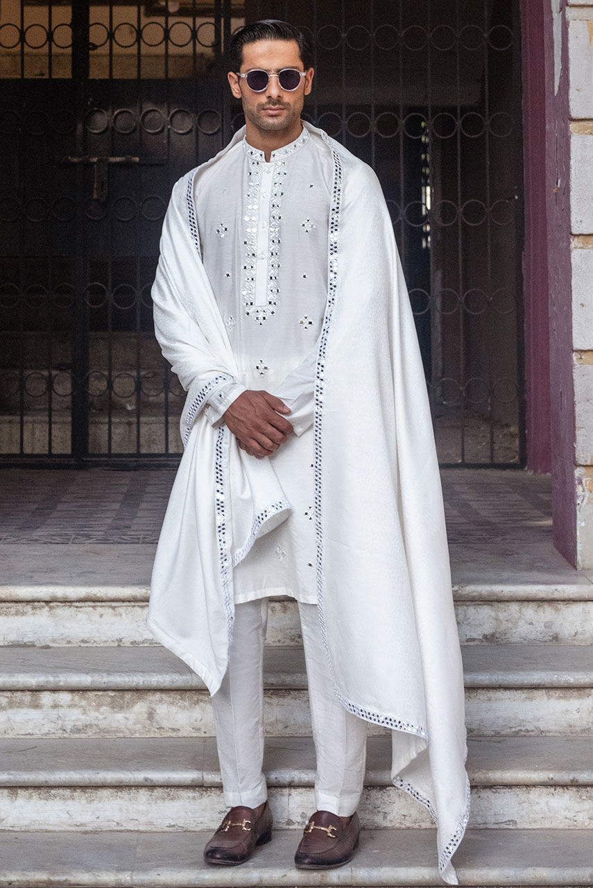 White Mirror Work Khaddi Silk Waistcoat Kurta (3-Piece) - Image 1
