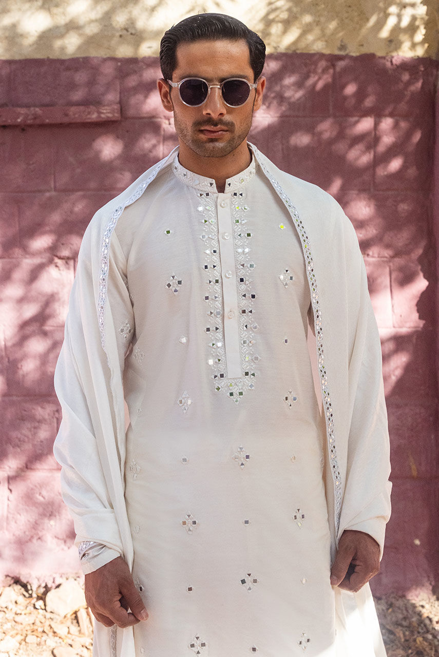 White Mirror Work Khaddi Silk Waistcoat Kurta (3-Piece) - Image 2