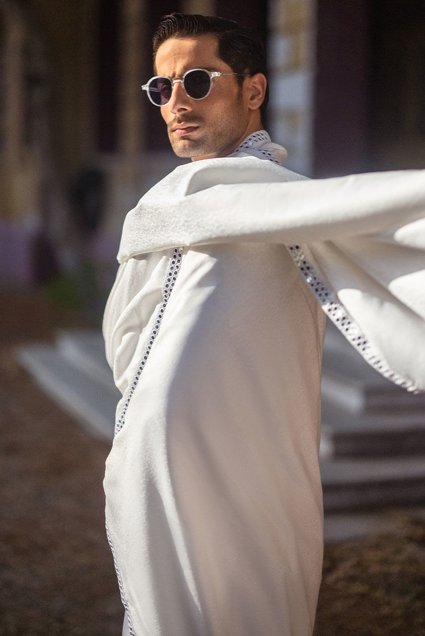 White Mirror Work Khaddi Silk Waistcoat Kurta (3-Piece) - Image 5