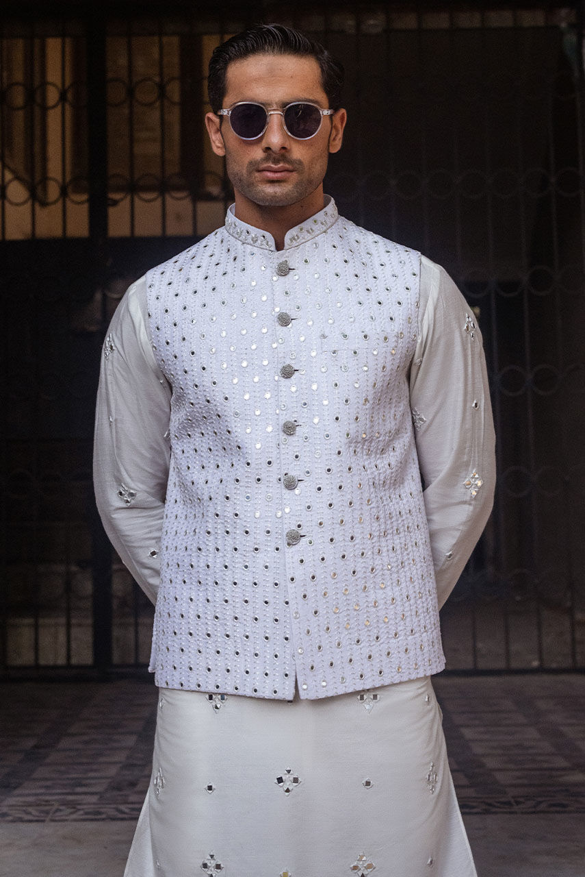 White Mirror Work Khaddi Silk Waistcoat Kurta (3-Piece) - Image 2