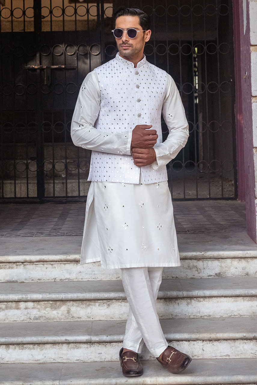 White Mirror Work Khaddi Silk Waistcoat Kurta (3-Piece) - Image 3