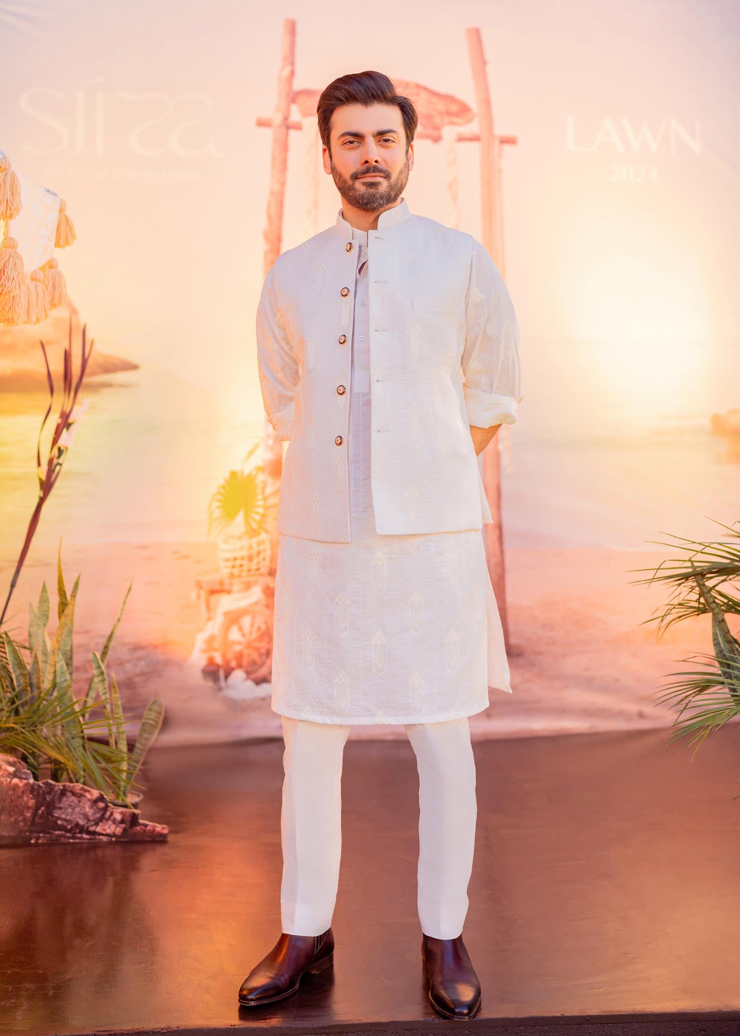 White Self-Embroidered Lawn Waistcoat Kurta (3-Piece) - Image 1