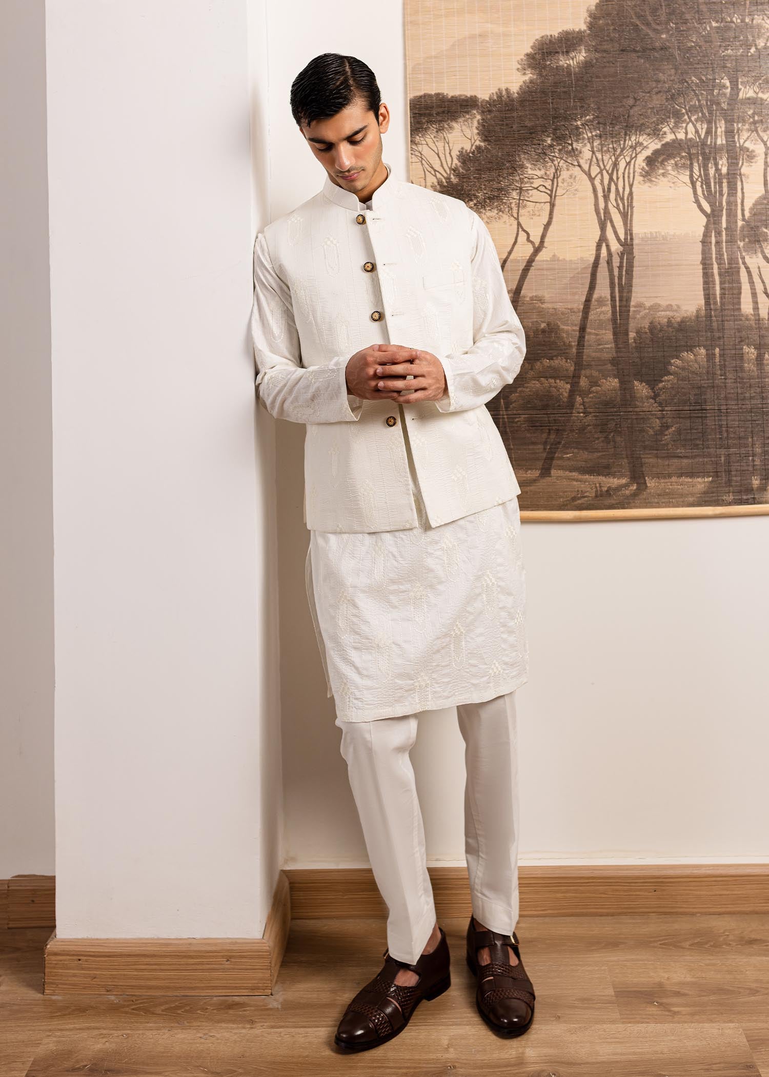 White Self-Embroidered Lawn Waistcoat Kurta (3-Piece) - Image 2