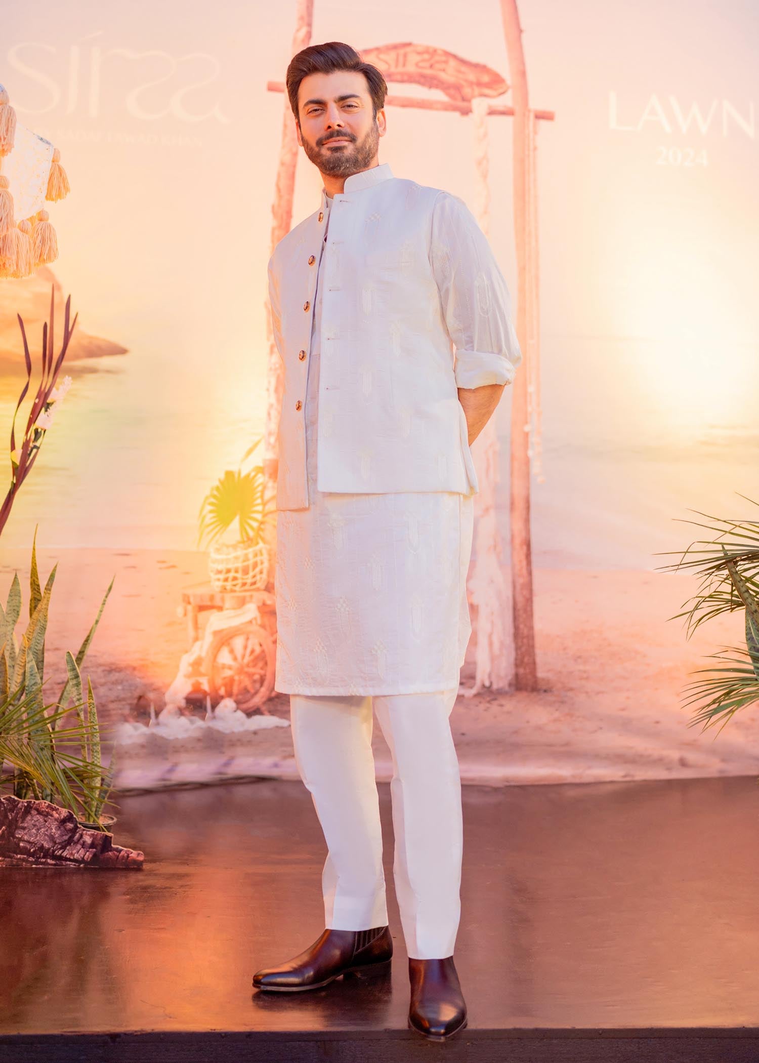 White Self-Embroidered Lawn Waistcoat Kurta (3-Piece) - Image 3
