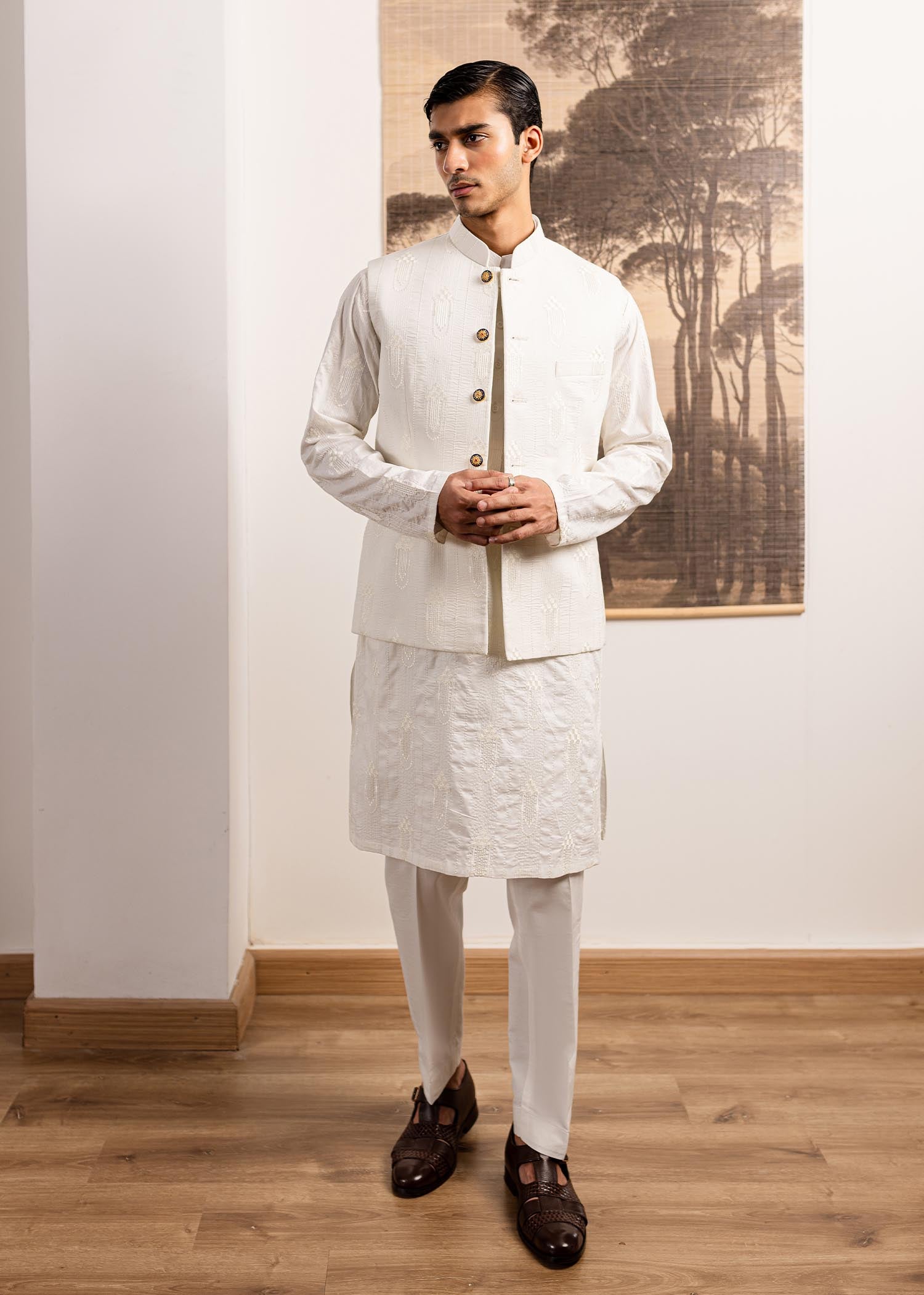 White Self-Embroidered Lawn Waistcoat Kurta (3-Piece) - Image 5