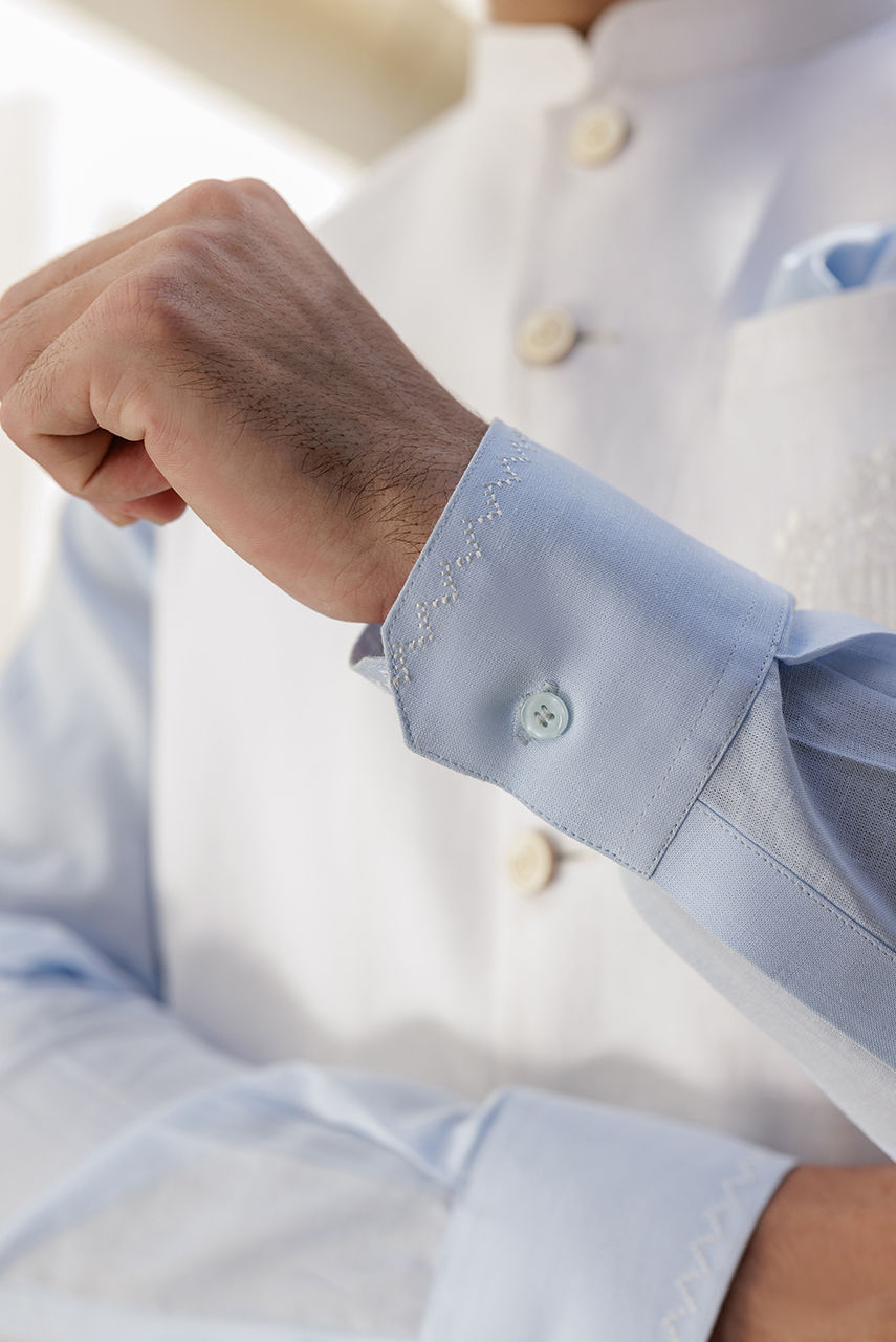 White Embroidered Linen Waistcoat Kurta Set (3-Piece) - Image 5