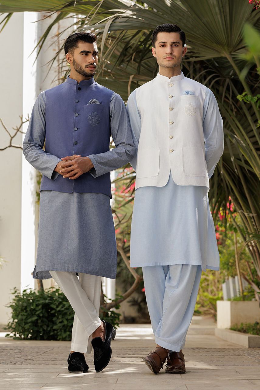 White Embroidered Linen Waistcoat Kurta Set (3-Piece) - Image 6