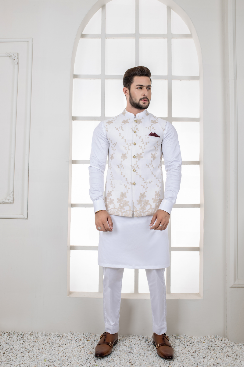 White Embroidered Polyester-Viscose Waistcoat Kurta (3-Piece) - Image 1