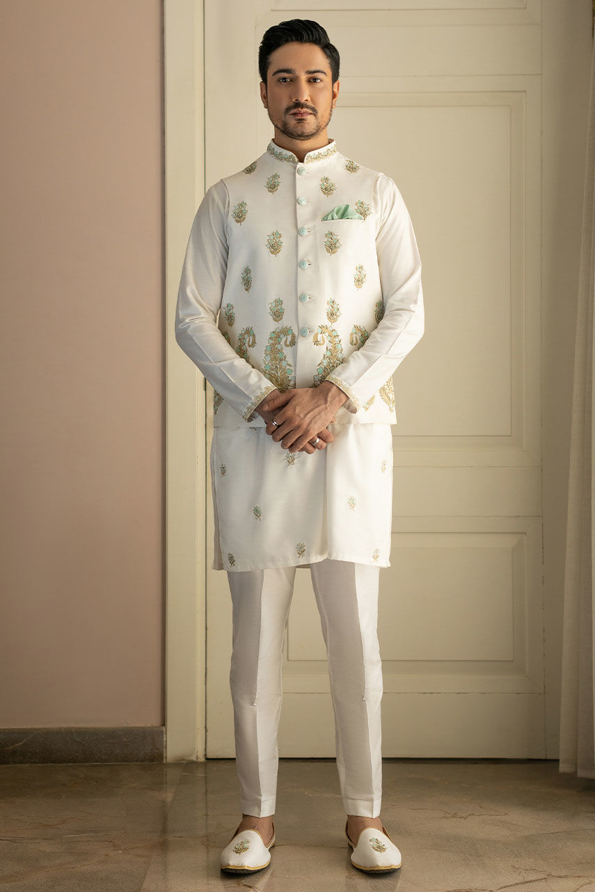 White Embroidered Raw Silk Waistcoat Kurta (3-Piece) - Image 1