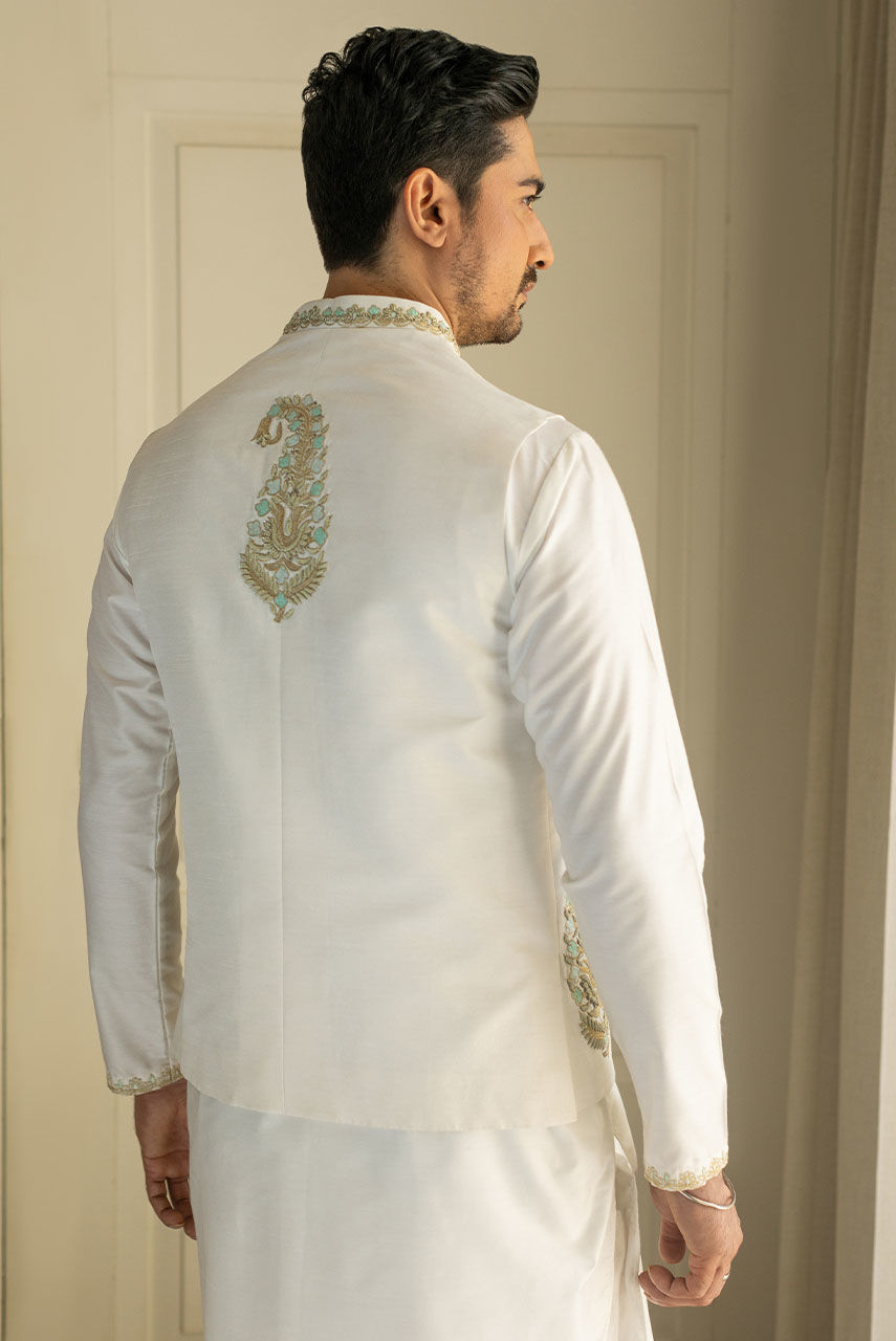 White Embroidered Raw Silk Waistcoat Kurta (3-Piece) - Image 3