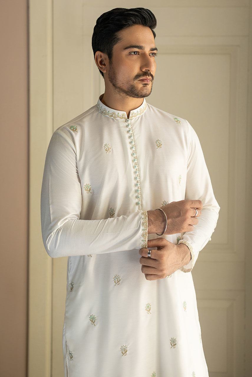 White Embroidered Raw Silk Waistcoat Kurta (3-Piece) - Image 6