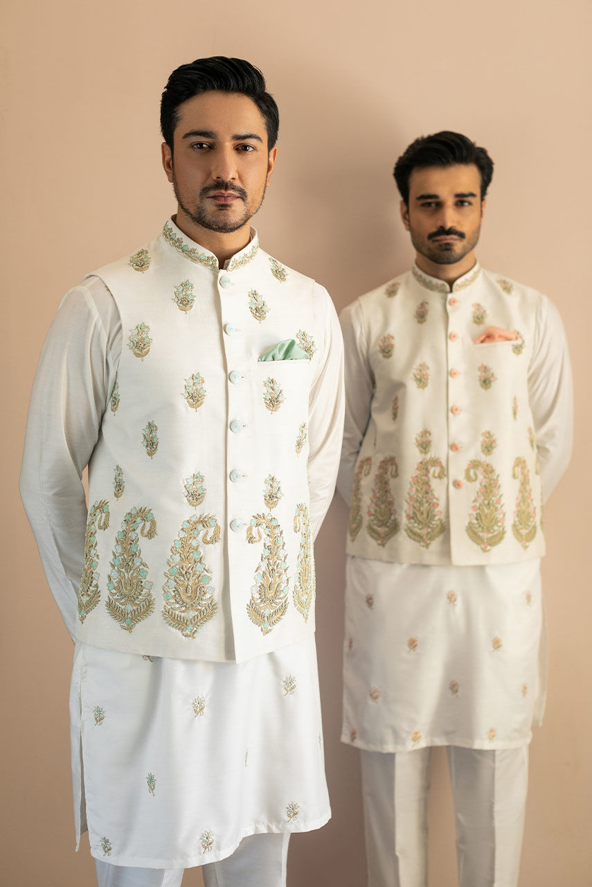 White Embroidered Raw Silk Waistcoat Kurta (3-Piece) - Image 7