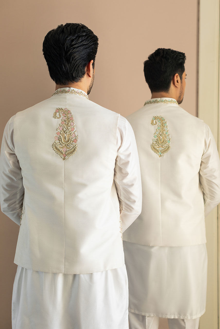 White Embroidered Raw Silk Waistcoat Kurta (3-Piece) - Image 8