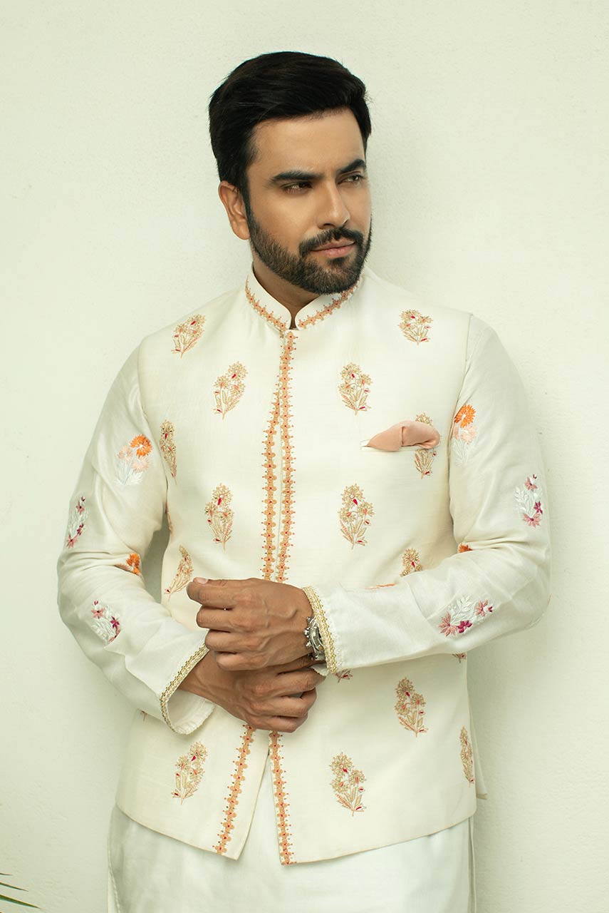 White Embroidered Raw Silk Waistcoat Kurta (3-Piece) - Image 1