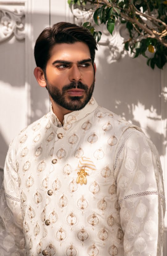 Dove White Embroidered Raw Silk Waistcoat Kurta (3-Piece) - Image 1