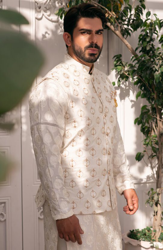 Dove White Embroidered Raw Silk Waistcoat Kurta (3-Piece) - Image 2