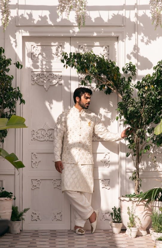 Dove White Embroidered Raw Silk Waistcoat Kurta (3-Piece) - Image 3
