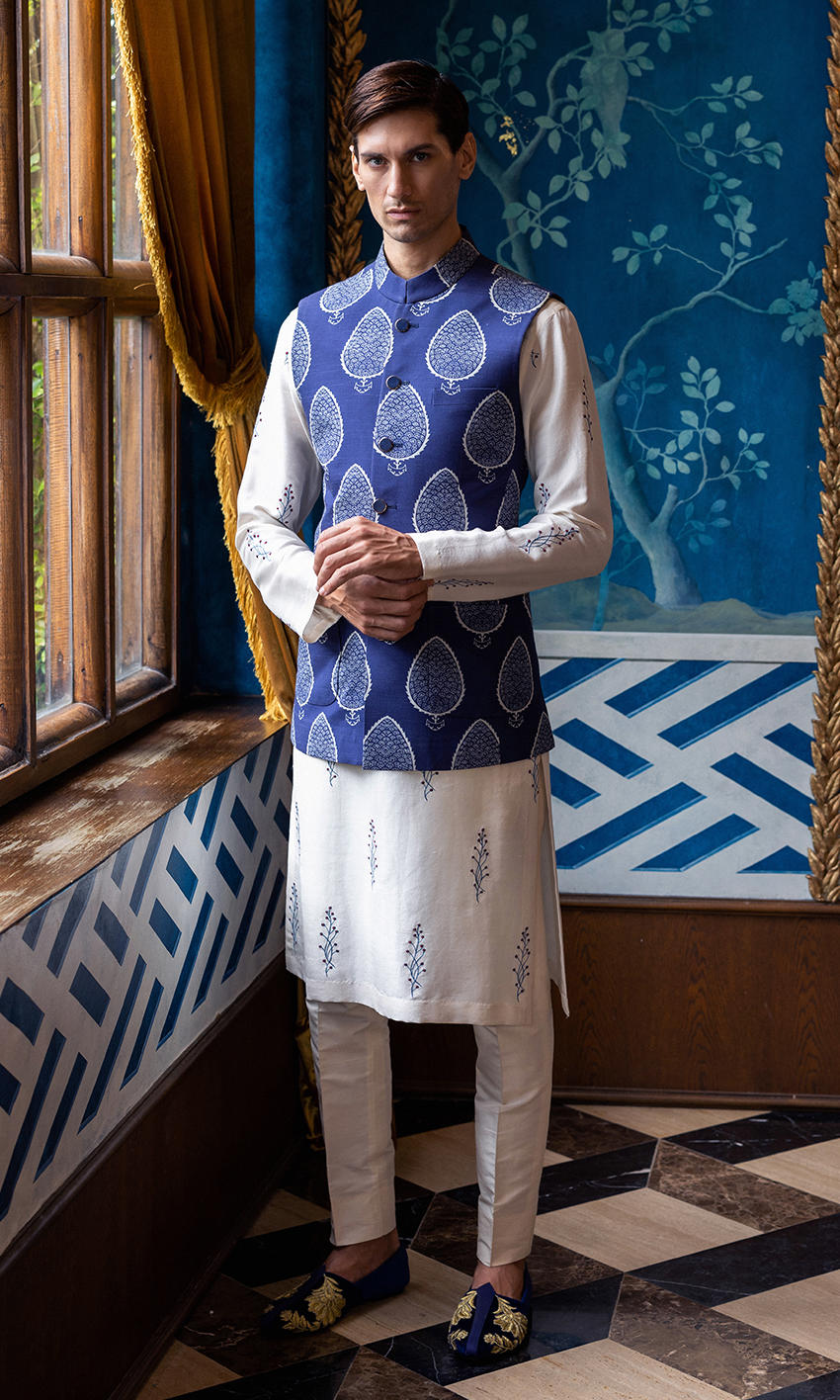White Embroidered Raw Silk Waistcoat Kurta (3-Piece) - Image 1