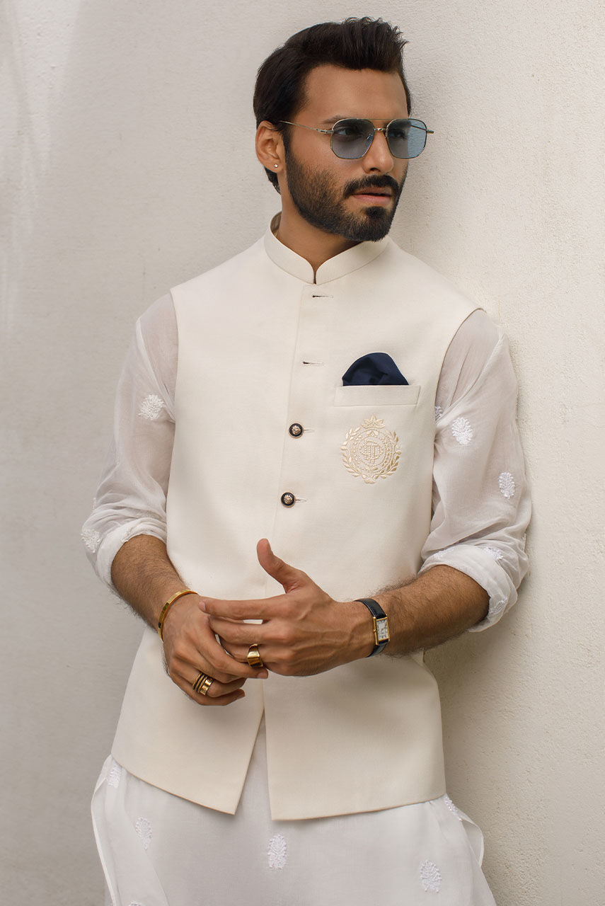 White Embroidered Raw Silk Waistcoat (3-Piece) - Image 1