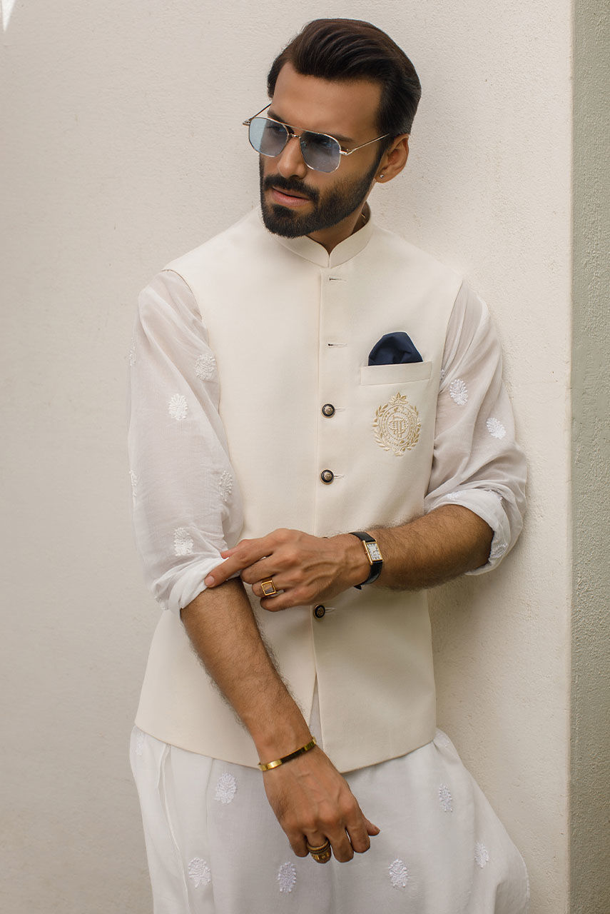 White Embroidered Raw Silk Waistcoat (3-Piece) - Image 2