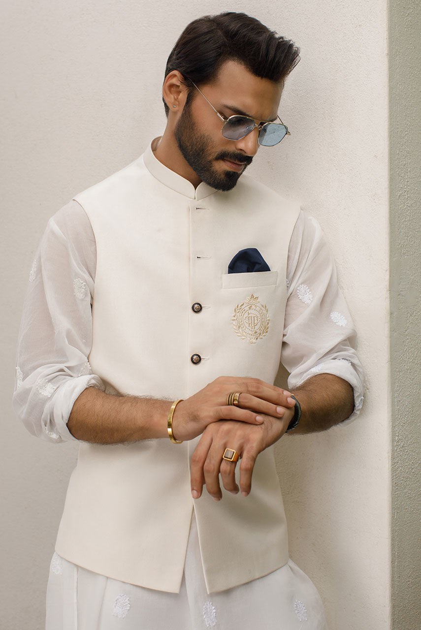 White Embroidered Raw Silk Waistcoat (3-Piece) - Image 3