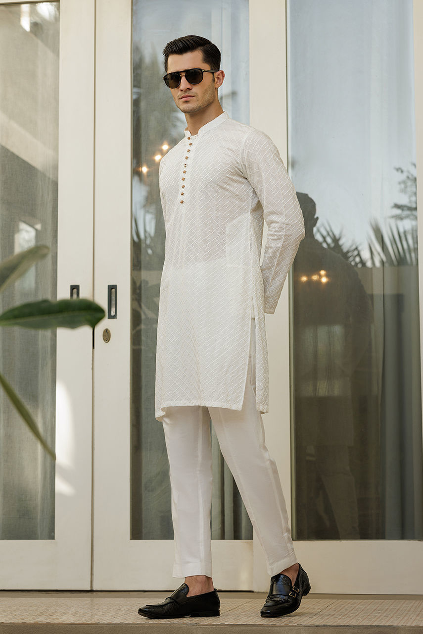 White Embroidered Raw Silk Waistcoat Kurta (3-Piece) - Image 1