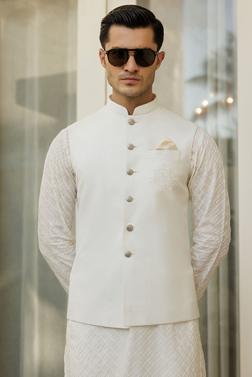 White Embroidered Raw Silk Waistcoat Kurta (3-Piece) - Image 2