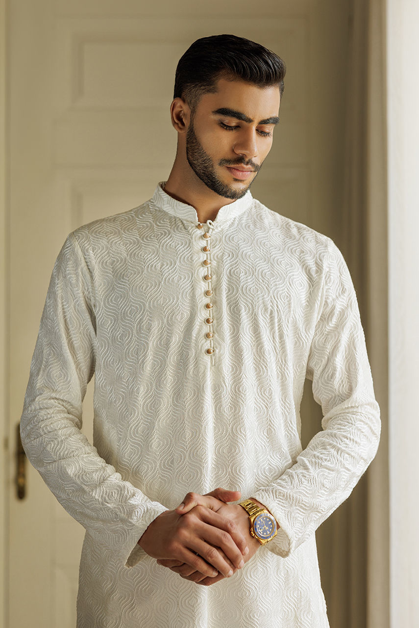 White Embroidered Raw Silk Waistcoat Kurta (3-Piece) - Image 4