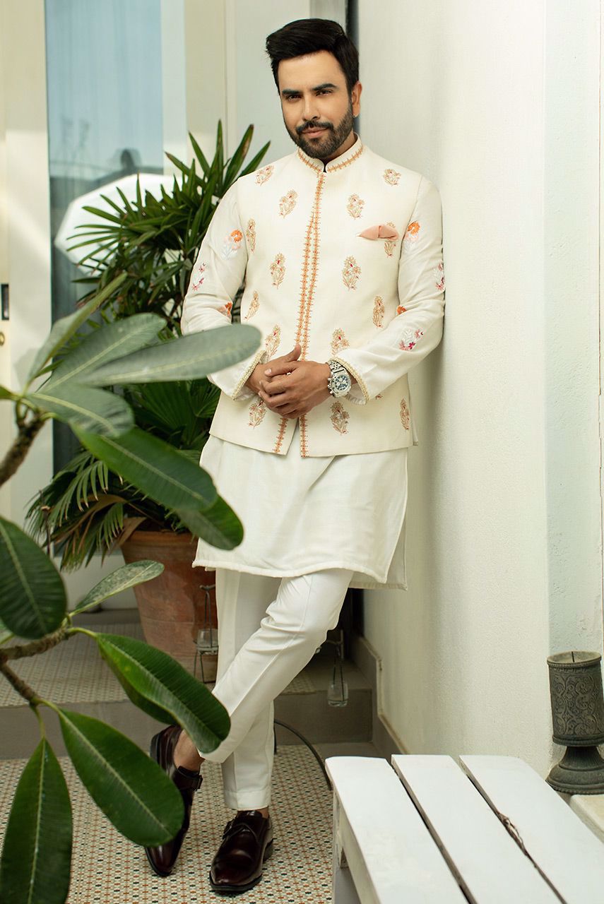 White Embroidered Cotton Net Kurta with Raw Silk Waistcoat (3-Piece) - Image 1