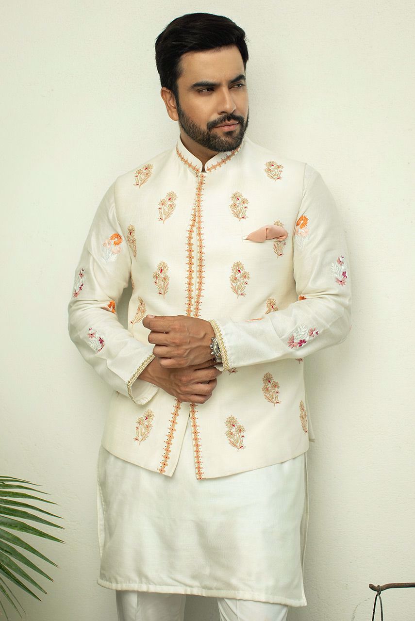 White Embroidered Cotton Net Kurta with Raw Silk Waistcoat (3-Piece) - Image 2